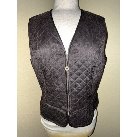 100% Silk Quilted Vest Size 14 Dark Brown Dana B. And Karen Zip Front 42" Chest - Picture 1 of 6